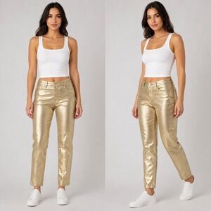 Ashley Stewart Womens Plus Size 24 Metallic Gold Skinny Jeans High‎ Shine Pants